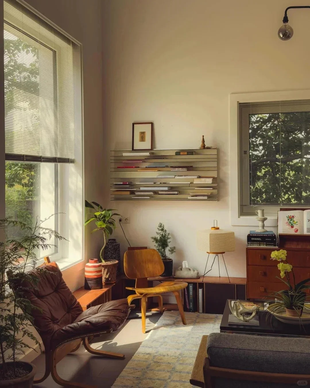 Modern living room with brown armchair, wooden chair, and shelves filled with books.