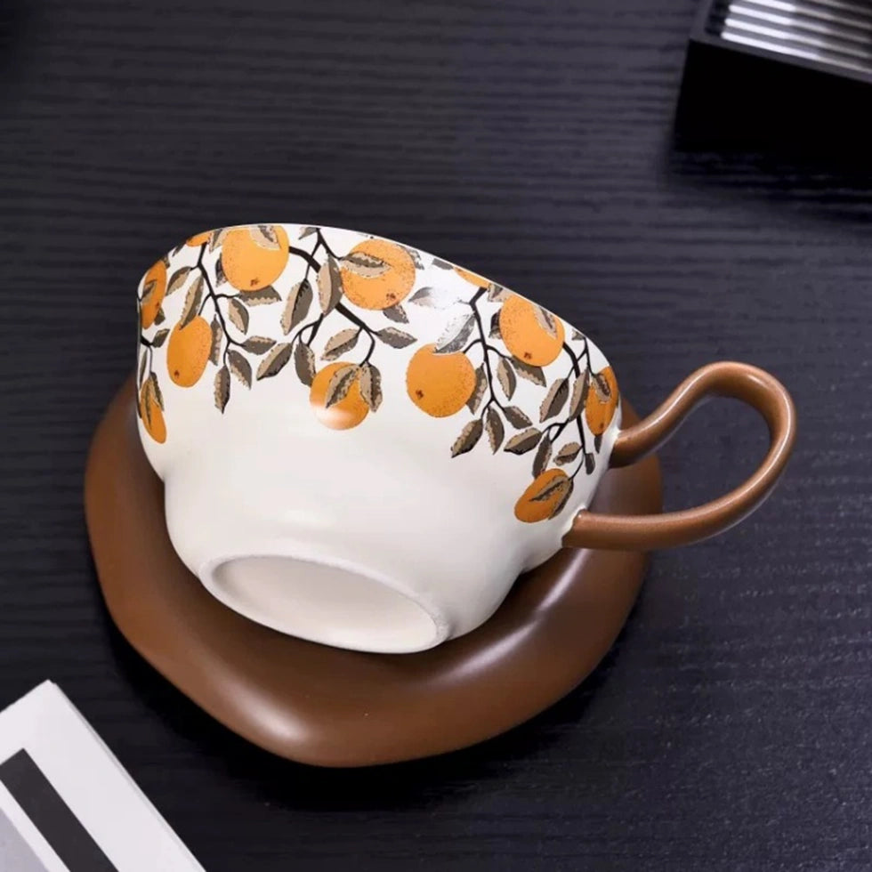 Ceramic Mug with Orange Branch Pattern & Saucer