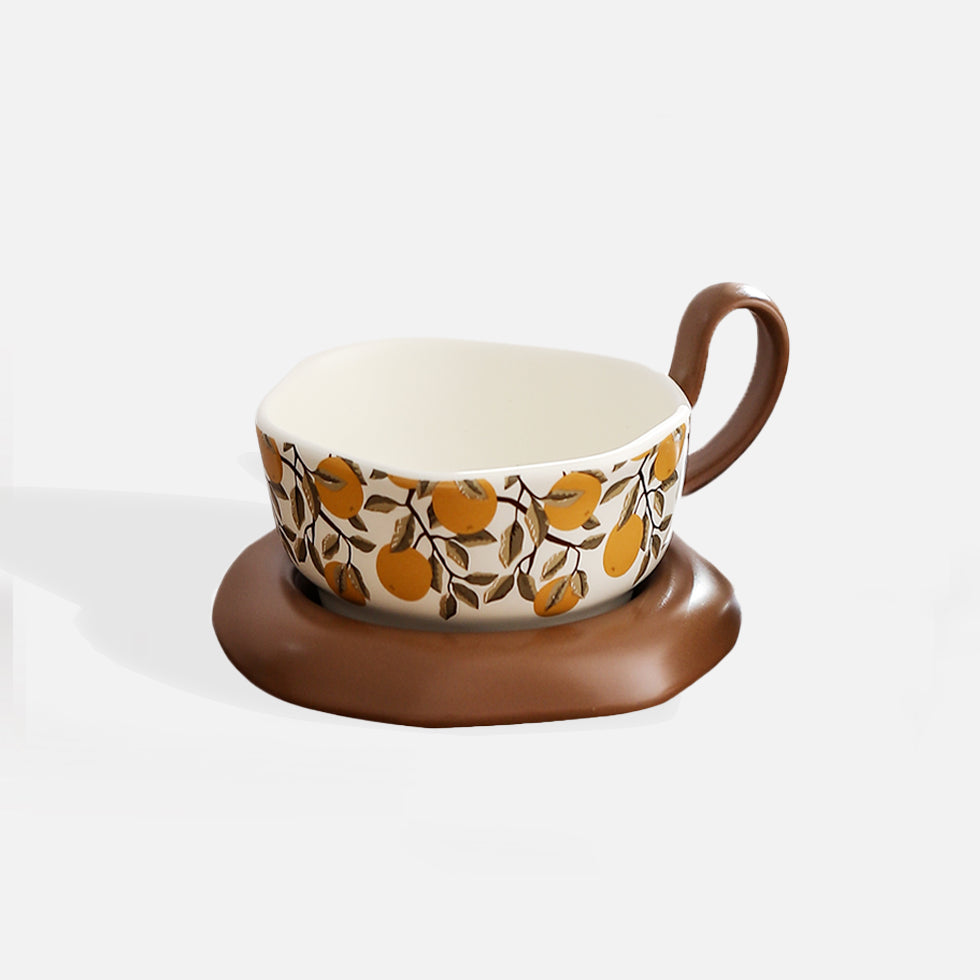 Ceramic Mug with Orange Branch Pattern & Saucer