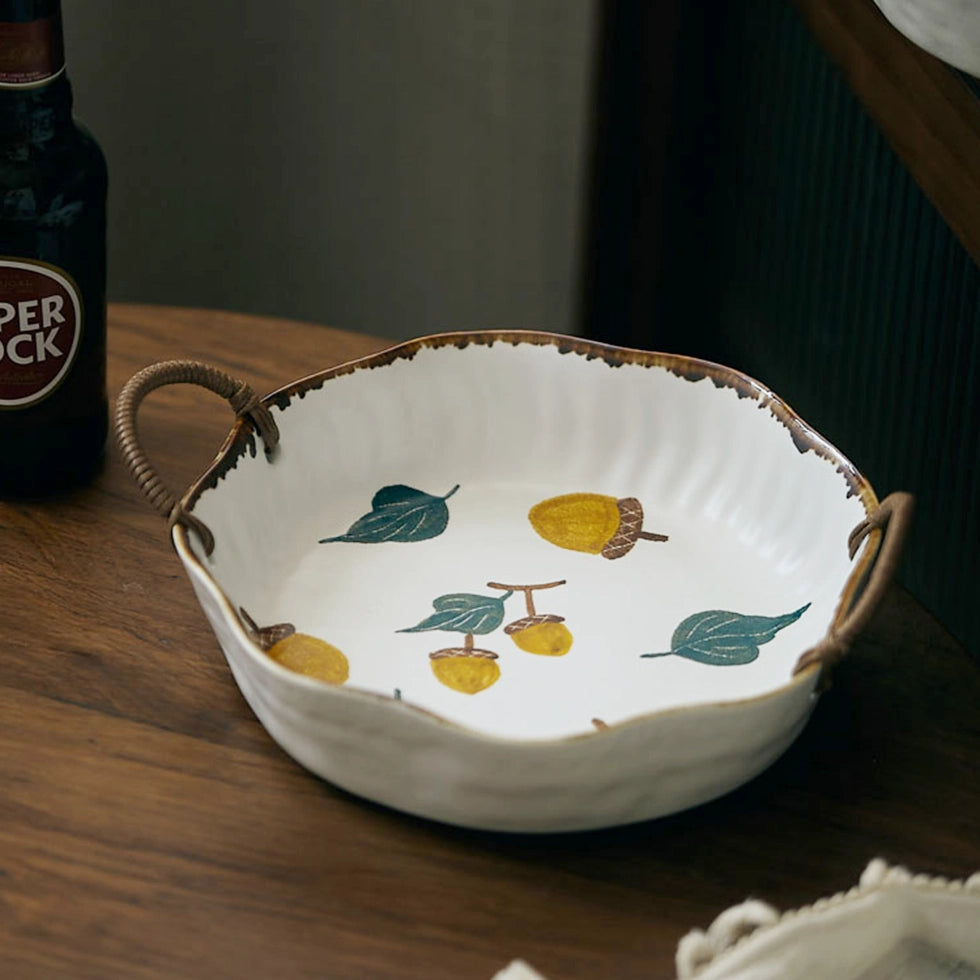 Forest Acorn Hand-Painted Ceramic Plate with Handles
