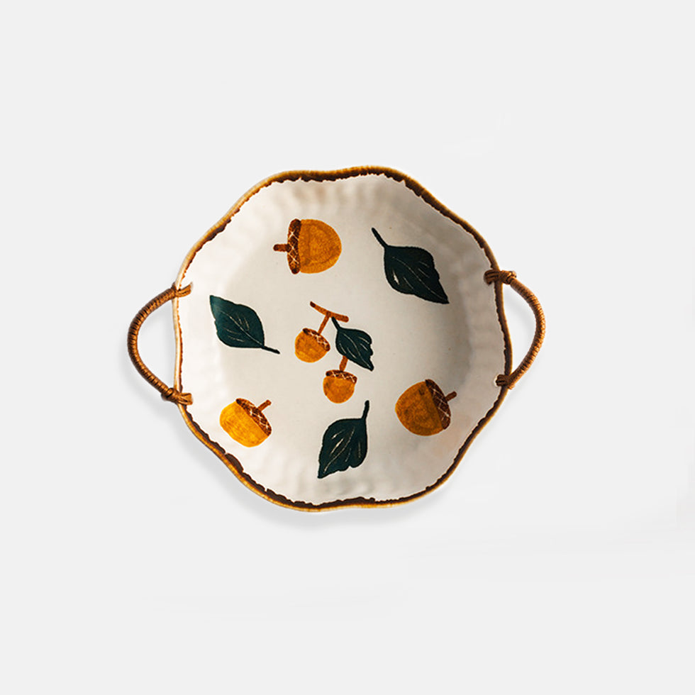 Forest Acorn Hand-Painted Ceramic Plate with Handles