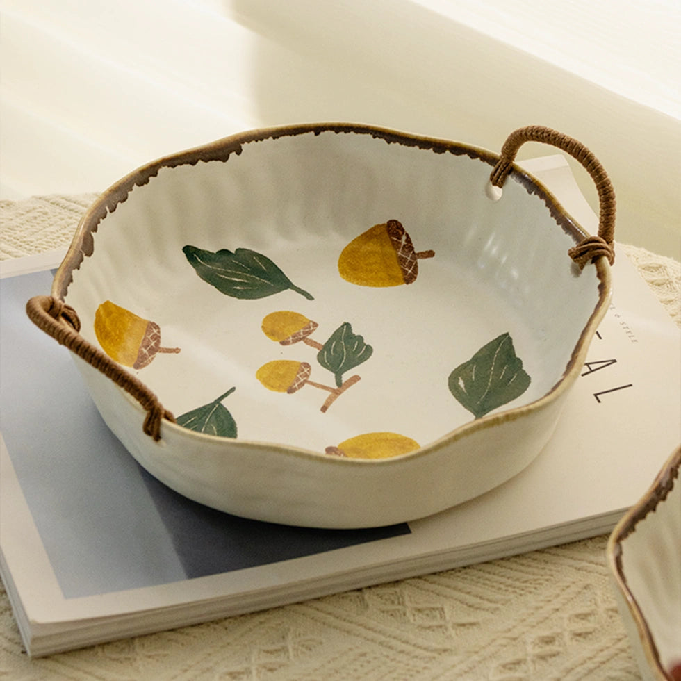 Forest Acorn Hand-Painted Ceramic Plate with Handles