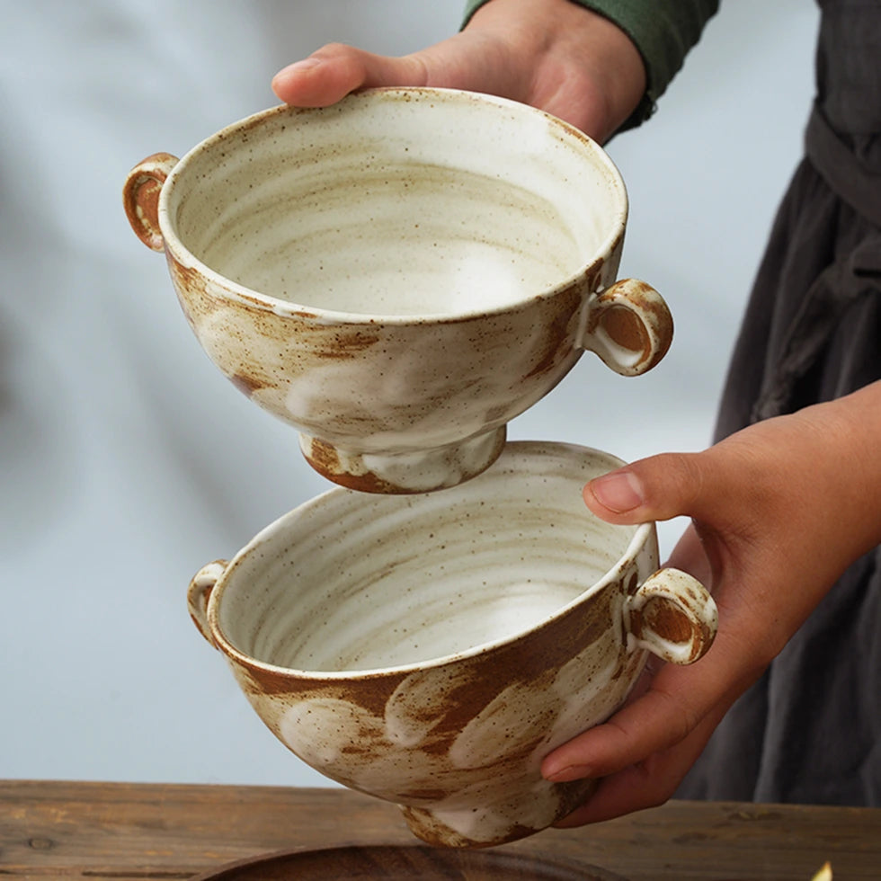 Handcrafted Ceramic Bowl with Twin Handles – 430ml Rustic Pottery Design