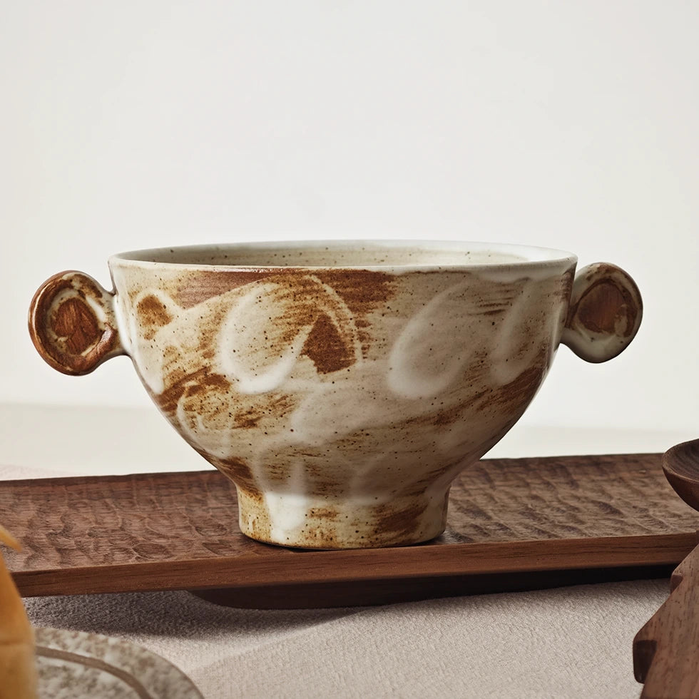 Handcrafted Ceramic Bowl with Twin Handles – 430ml Rustic Pottery Design
