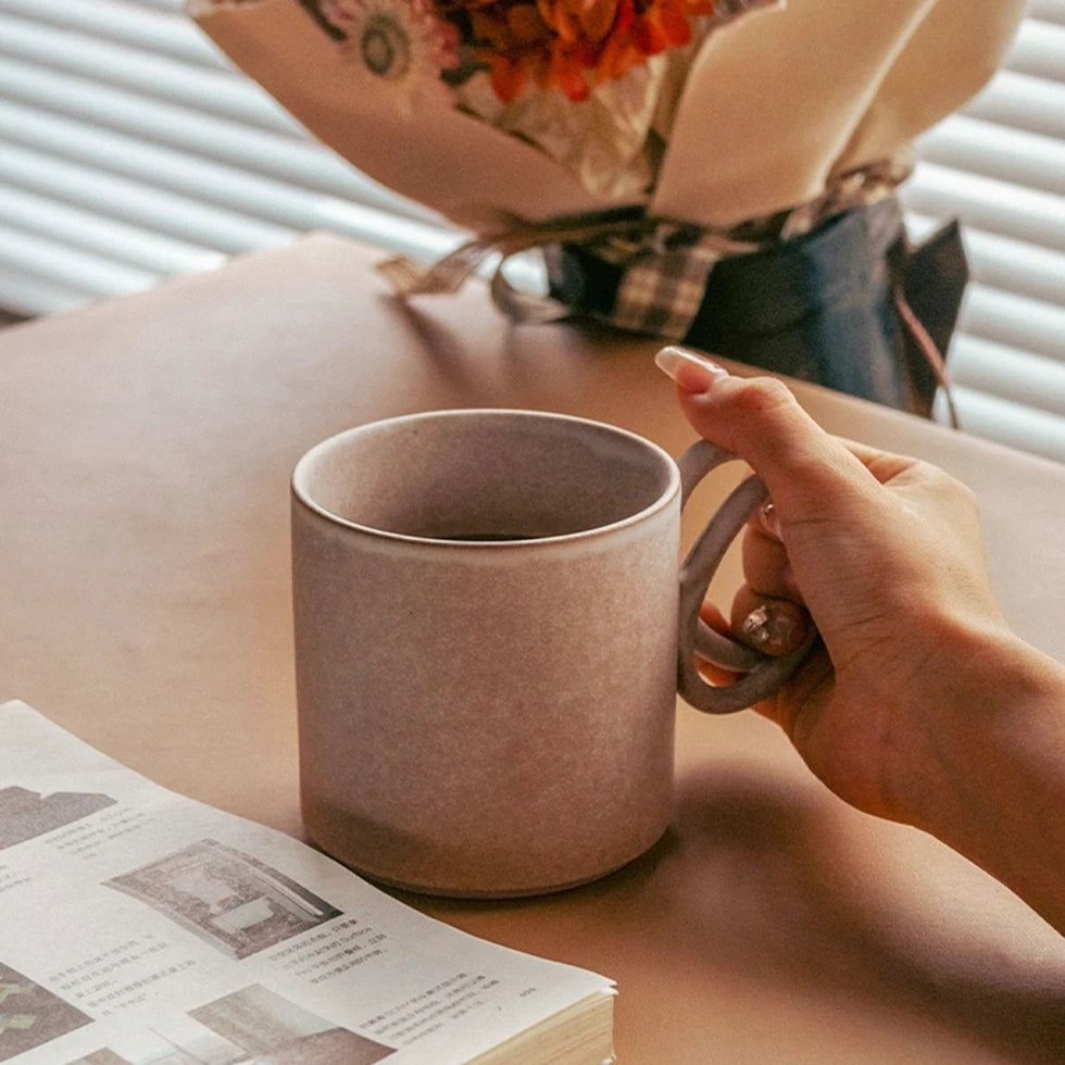 Handmade Ceramic Mug with Double Loop Handle – 400ml Minimalist White Coffee Cup