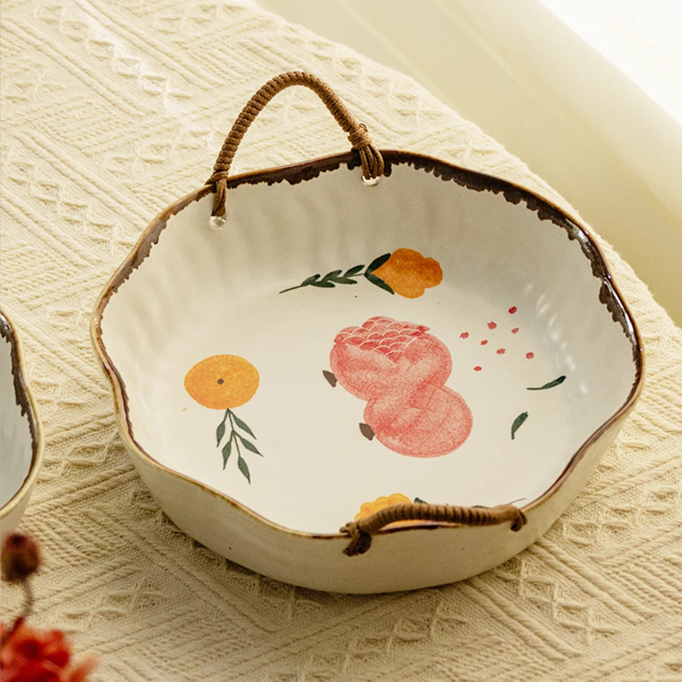 Prosperity Pomegranate Hand-Painted Ceramic Plate with Handles