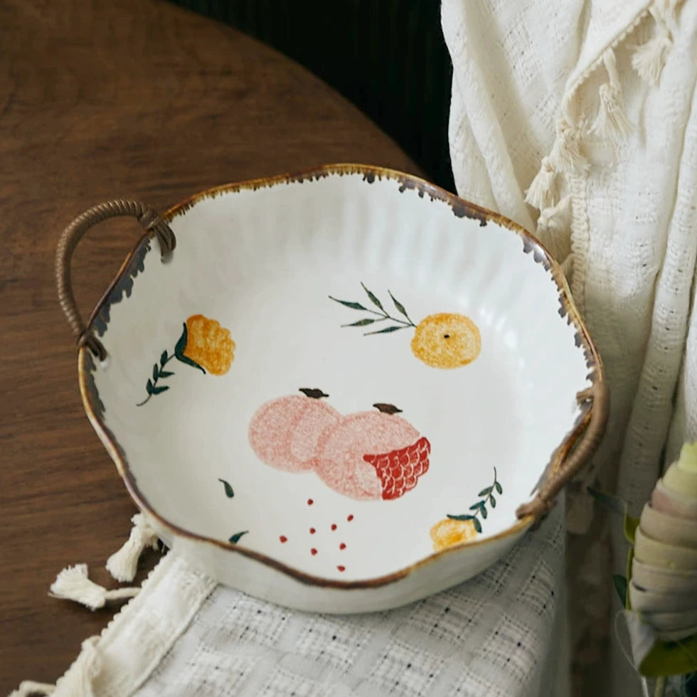 Prosperity Pomegranate Hand-Painted Ceramic Plate with Handles