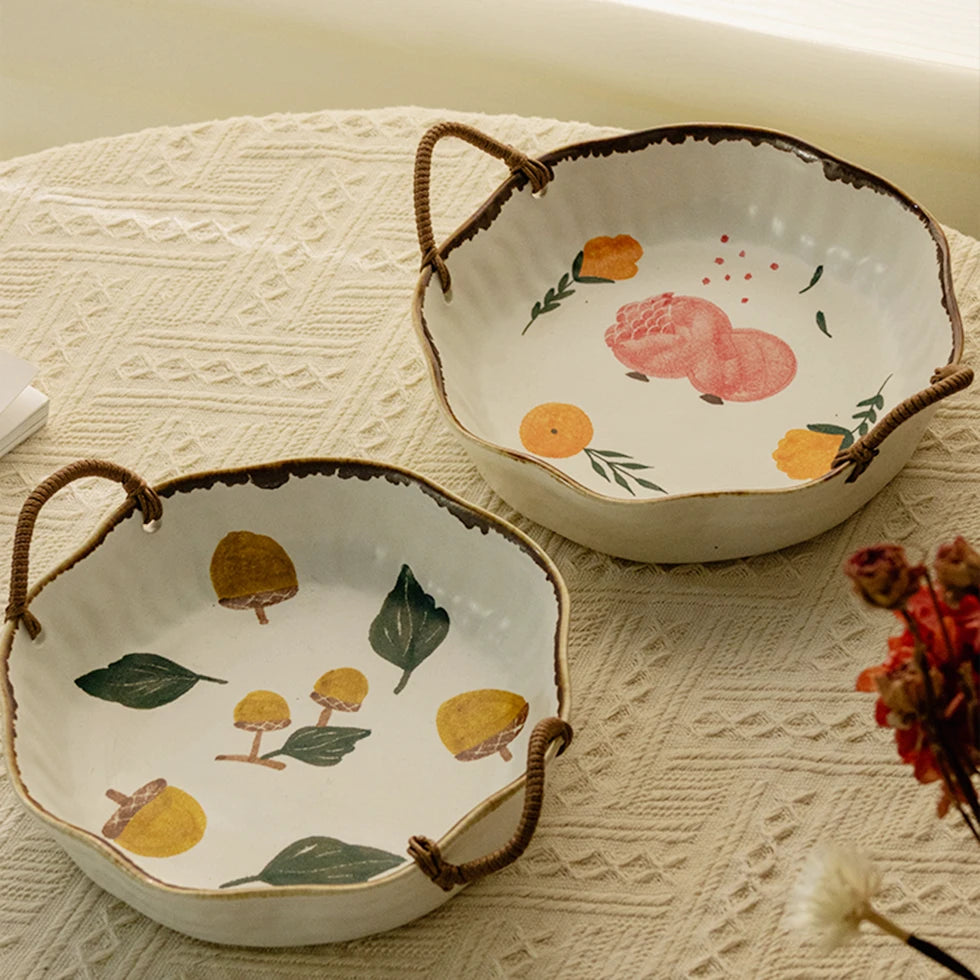 Prosperity Pomegranate Hand-Painted Ceramic Plate with Handles