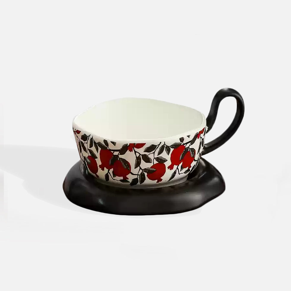 Red Pomegranate Handmade Ceramic Mug with Saucer