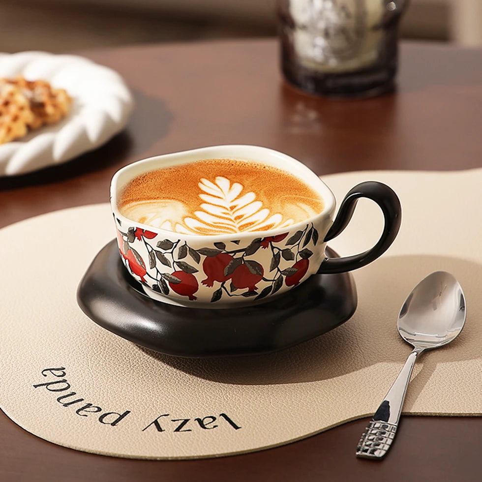 Red Pomegranate Handmade Ceramic Mug with Saucer