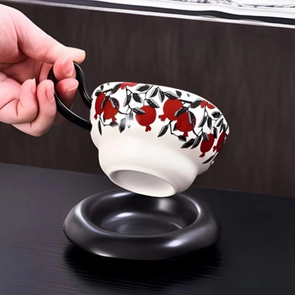 Red Pomegranate Handmade Ceramic Mug with Saucer