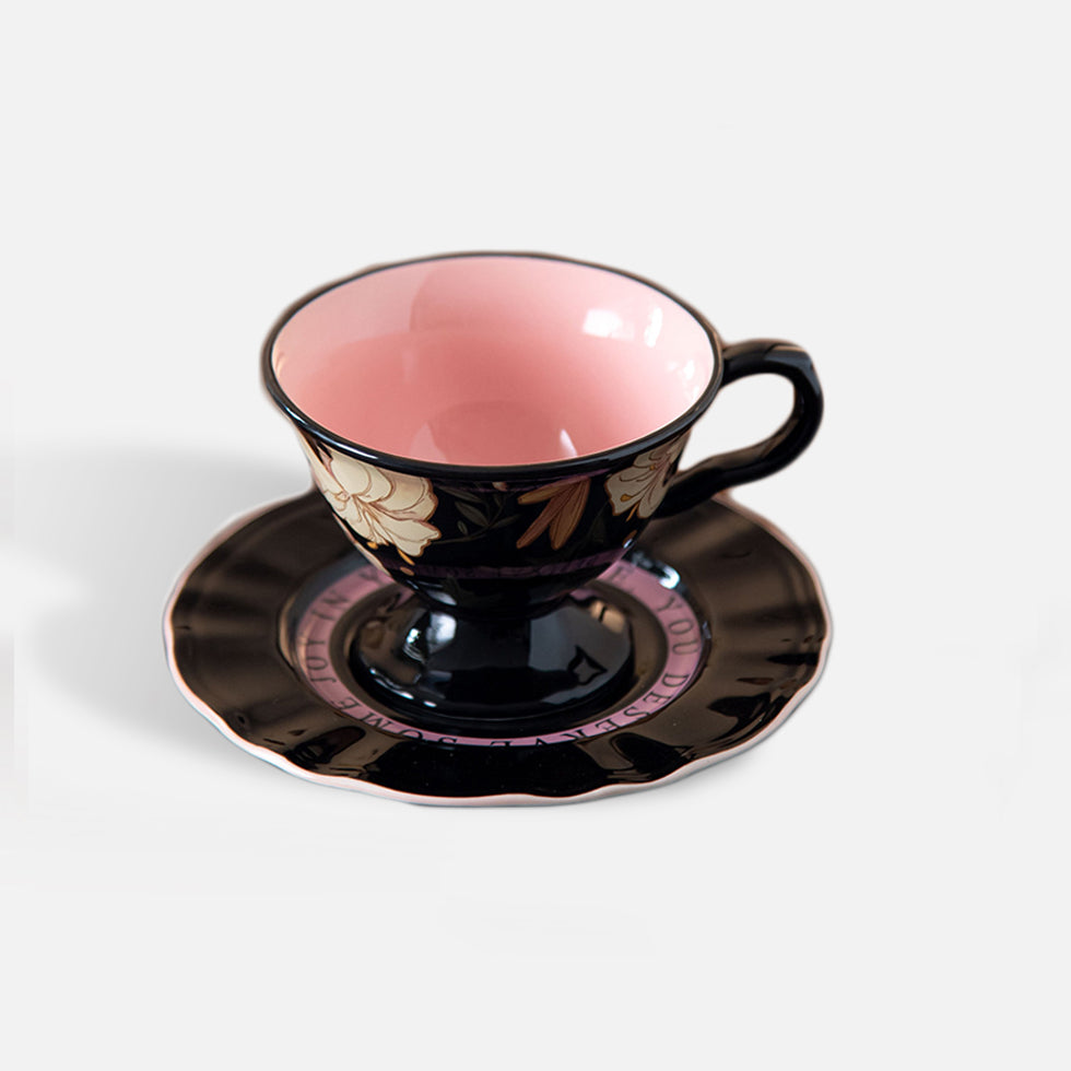 Romantic Pink Floral Ceramic Coffee Cup with Saucer