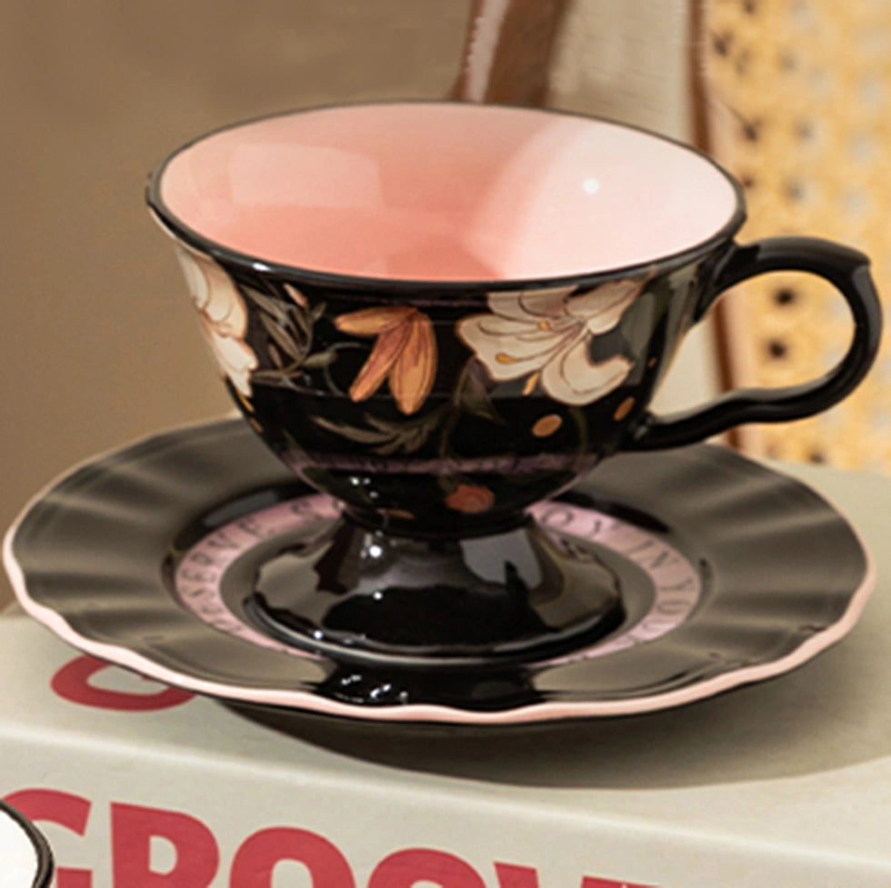 Romantic Pink Floral Ceramic Coffee Cup with Saucer