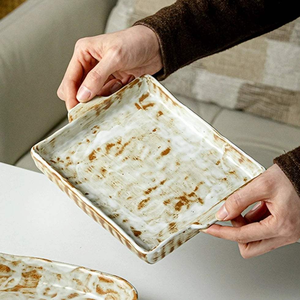 Speckled White Ceramic Rectangular Plate (9-inch)
