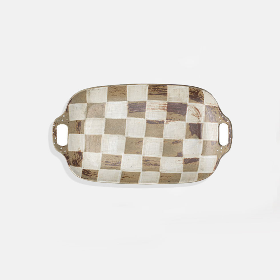 Vintage Checkered Ceramic Plate with Handles  Rustic Handmade Ceramic Dishes 