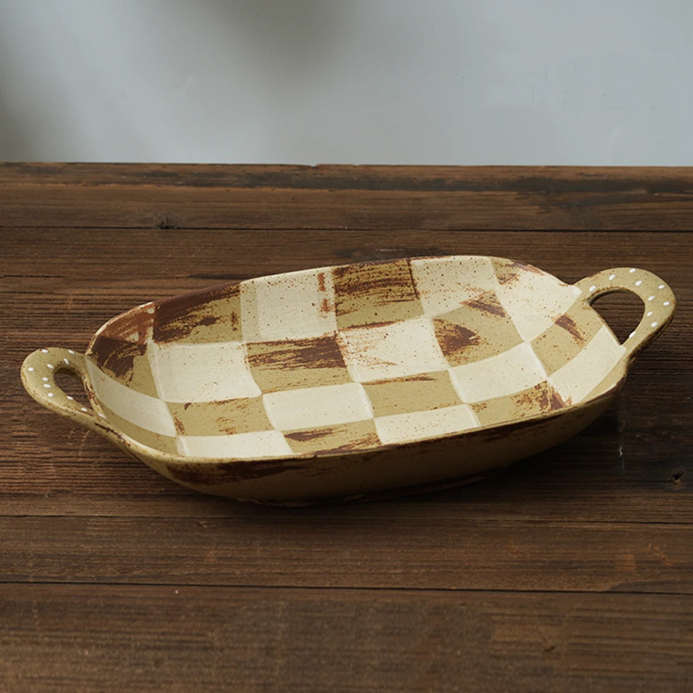 Vintage Checkered Ceramic Plate with Handles  Rustic Handmade Ceramic Dishes 