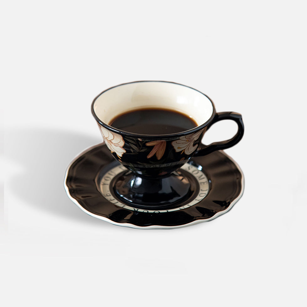 Vintage White Blossom Ceramic Coffee Cup with Saucer 