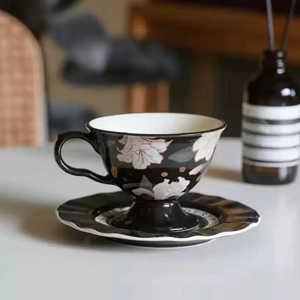 Vintage White Blossom Ceramic Coffee Cup with Saucer 