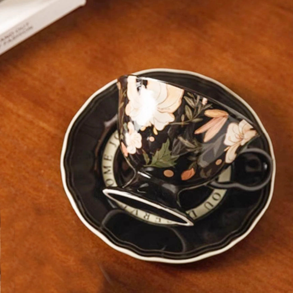 Vintage White Blossom Ceramic Coffee Cup with Saucer 